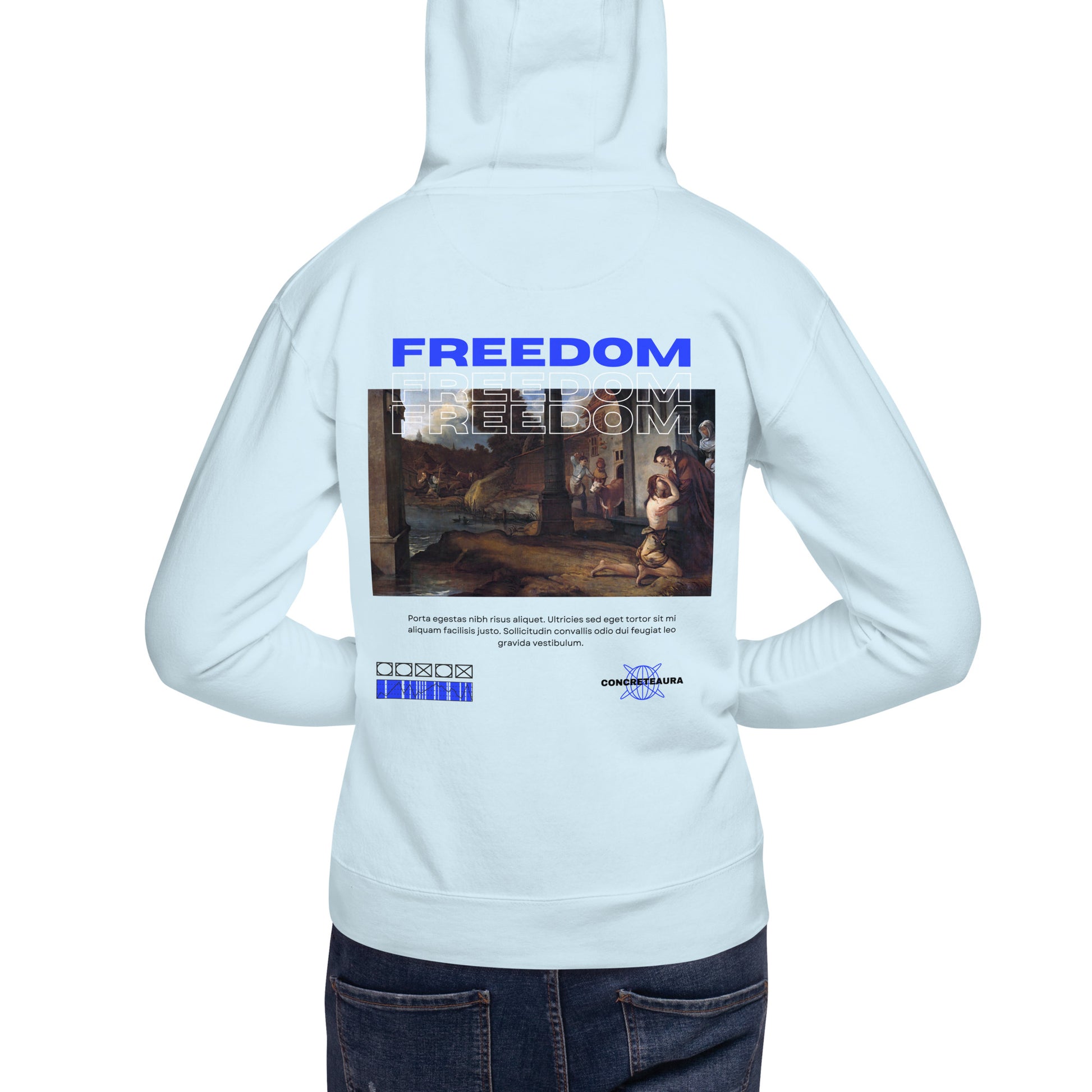 Felpa FREEDOM RENAISSANCE azzurra con cappuccio streetwear premium ConcreteAura - retro
