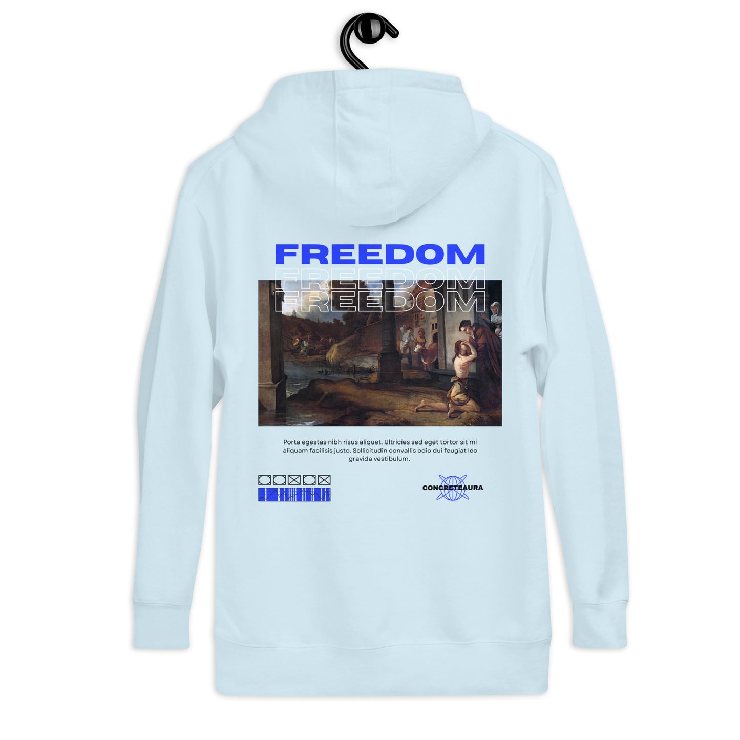 Felpa FREEDOM RENAISSANCE azzurra con cappuccio streetwear premium ConcreteAura - vista posteriore
