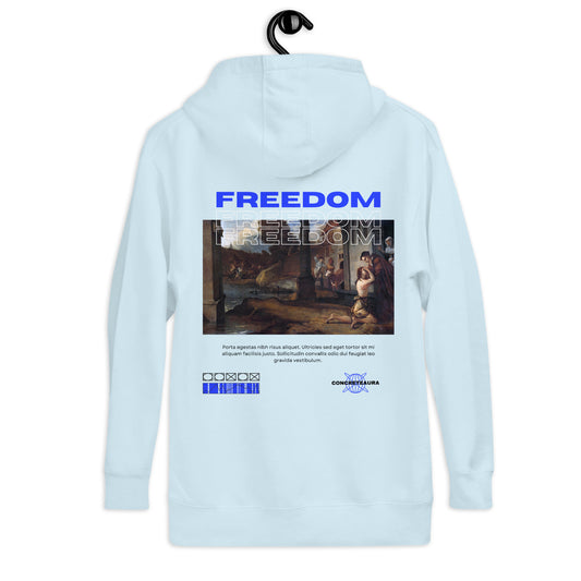 Felpa FREEDOM RENAISSANCE azzurra con cappuccio streetwear premium ConcreteAura - vista posteriore
