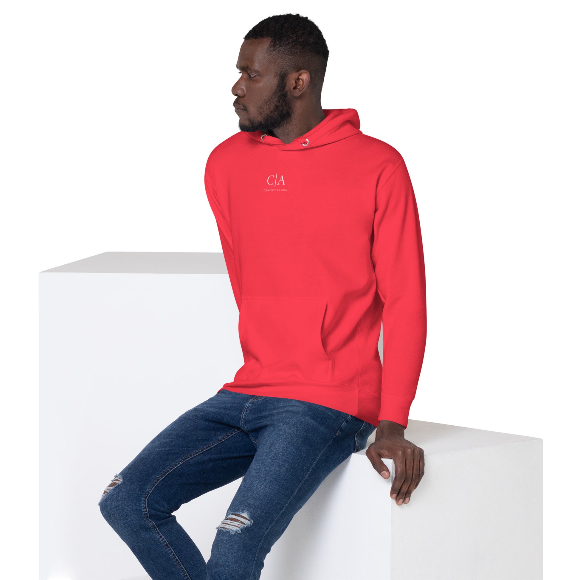 Felpa FALLEN REALITY rossa con cappuccio streetwear premium ConcreteAura - laterale sinistra
